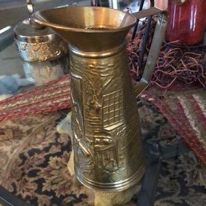 Vintage embossed hammered brass pitcher by Elpec of England tavern scene
